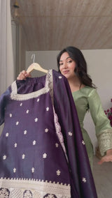 Premium Glass Roman Silk Embroidered Kurta Farshi Salwar Set with Dupatta for Women